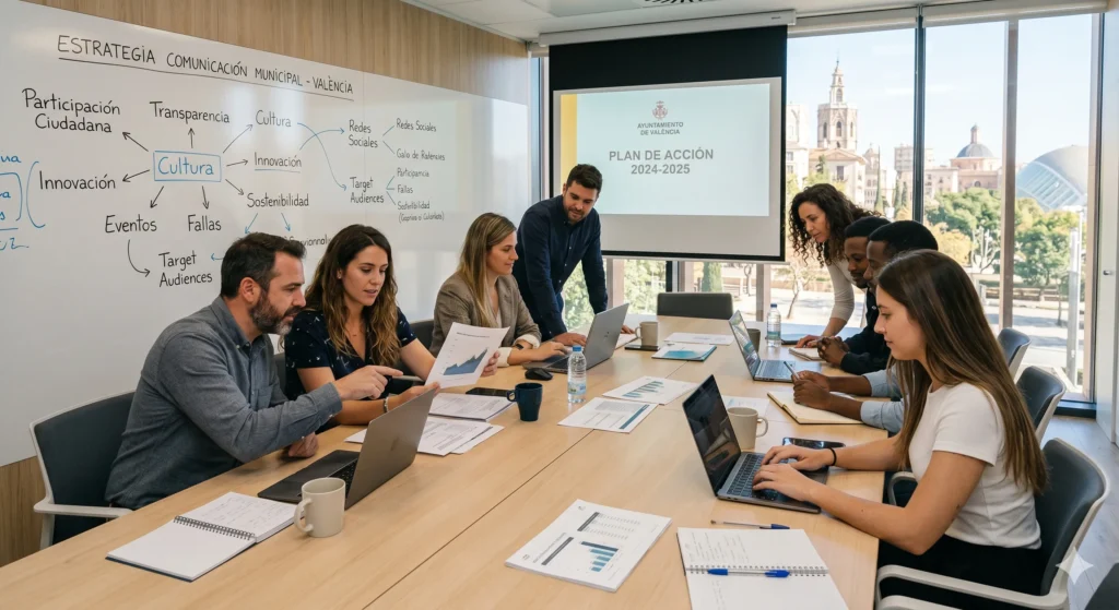 Equipo municipal trabajando en plan estratégico de comunicación institucional