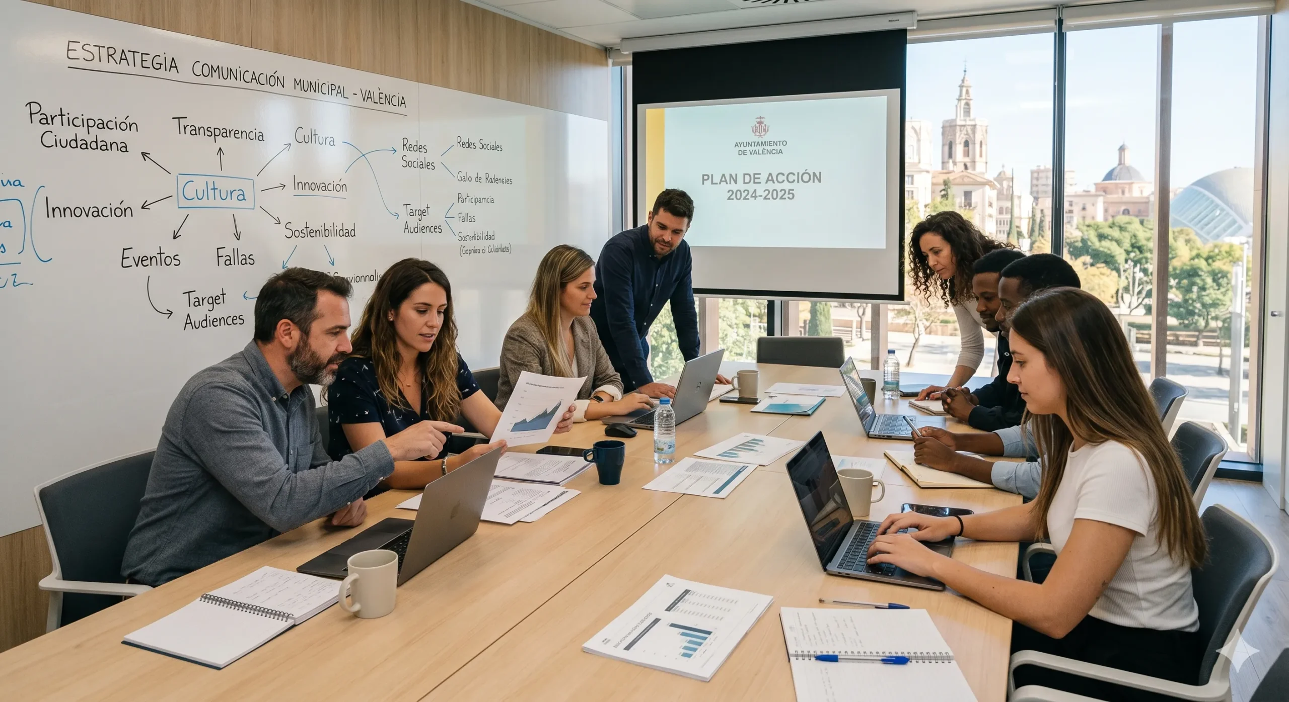Equipo municipal trabajando en plan estratégico de comunicación institucional