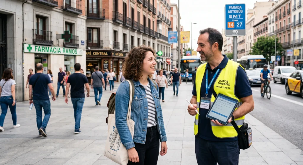 Encuestador realizando entrevista presencial a pie de calle en entorno urbano