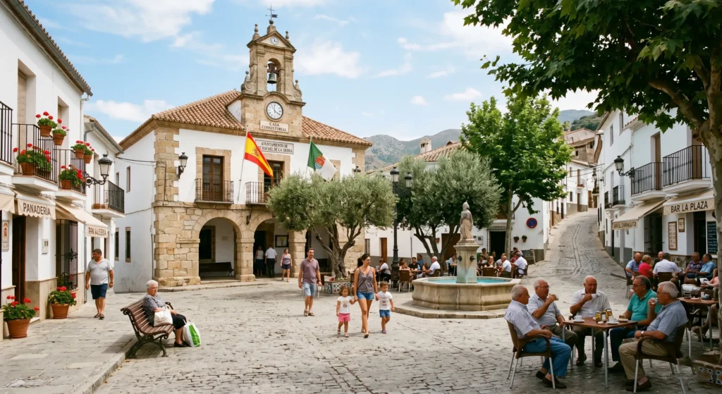Plaza de pueblo pequeño rural España con ayuntamiento al fondo, buen gobierno local