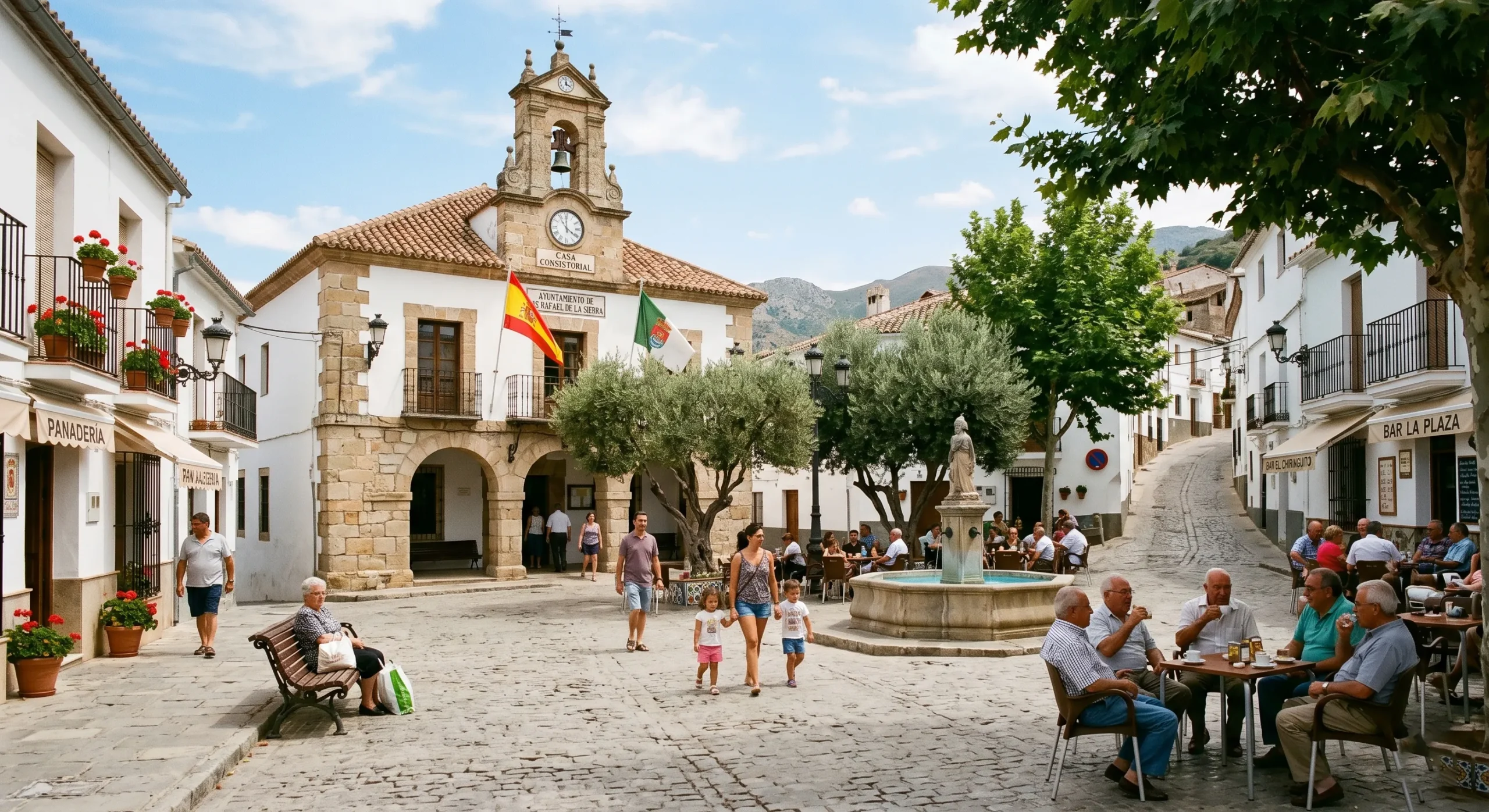 Plaza de pueblo pequeño rural España con ayuntamiento al fondo, buen gobierno local
