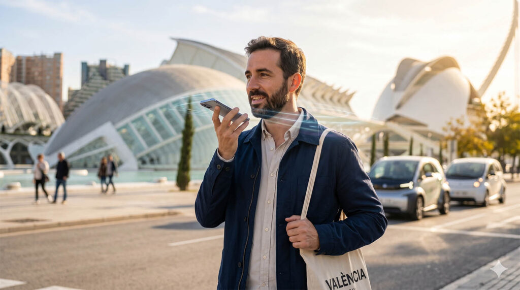 Vecino consultando información municipal en smartphone buscando trámites ayuntamiento